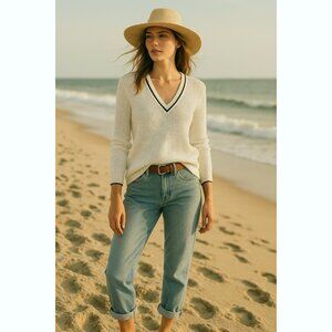 Rag & Bone Women’s XS White Open Knit V Neck Sweater Black Trim College Preppy